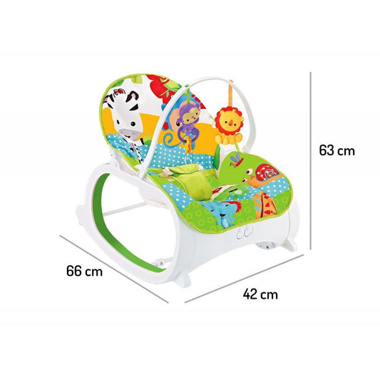 Balansoar si Scaun 3 in 1 cu Vibratii Relaxante, 'Happy Jungle', 8 Melodii, Bara de Activitati cu Jucarii, Husa detasabila si lavabila, Centuri de Siguranta, 0-18 kg