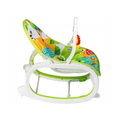 Balansoar si Scaun 3 in 1 cu Vibratii Relaxante, 'Happy Jungle', 8 Melodii, Bara de Activitati cu Jucarii, Husa detasabila si lavabila, Centuri de Siguranta, 0-18 kg