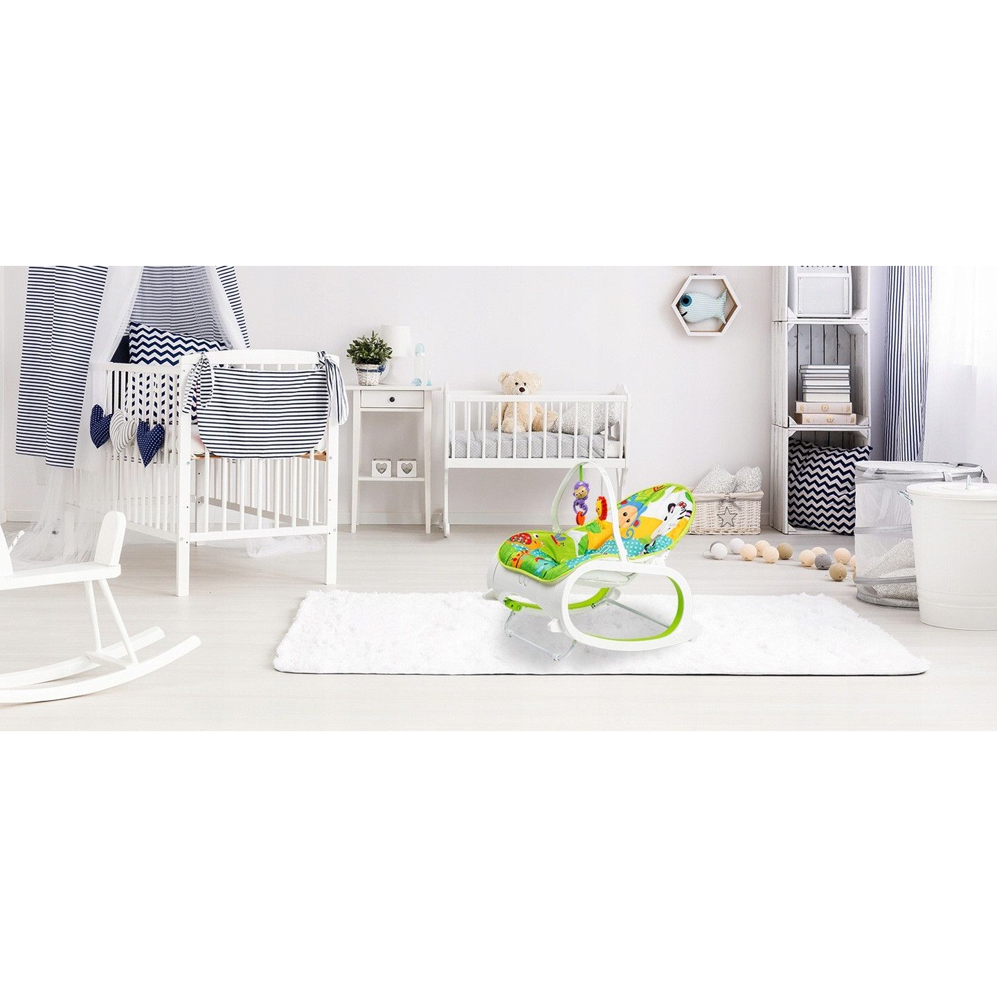 Balansoar si Scaun 3 in 1 cu Vibratii Relaxante, 'Happy Jungle', 8 Melodii, Bara de Activitati cu Jucarii, Husa detasabila si lavabila, Centuri de Siguranta, 0-18 kg