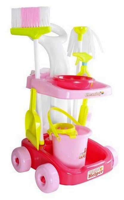 Carucior Profesional pentru Curatenie idealStore Cleaning Toys, cu Perie, Mop, Storcator, Galeata, Saci, Dezvolta Abilitatile Manuale si de Coordonare
