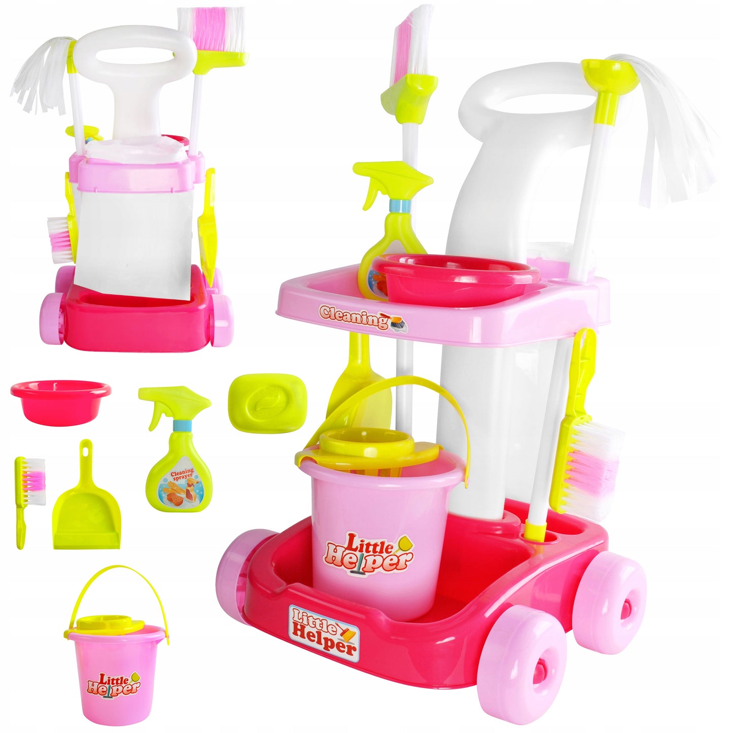 Carucior Profesional pentru Curatenie idealStore Cleaning Toys, cu Perie, Mop, Storcator, Galeata, Saci, Dezvolta Abilitatile Manuale si de Coordonare