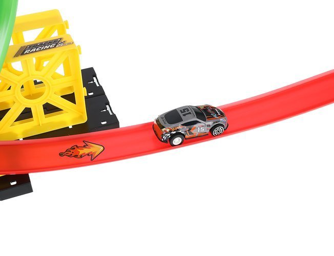 Circuit cu lansator si masinuta de jucarie, pista cu x 2 bucle si 2 masini, lungime pista 165 cm