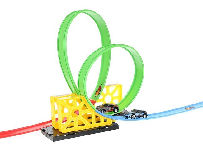 Circuit cu lansator si masinuta de jucarie, pista cu x 2 bucle si 2 masini, lungime pista 165 cm