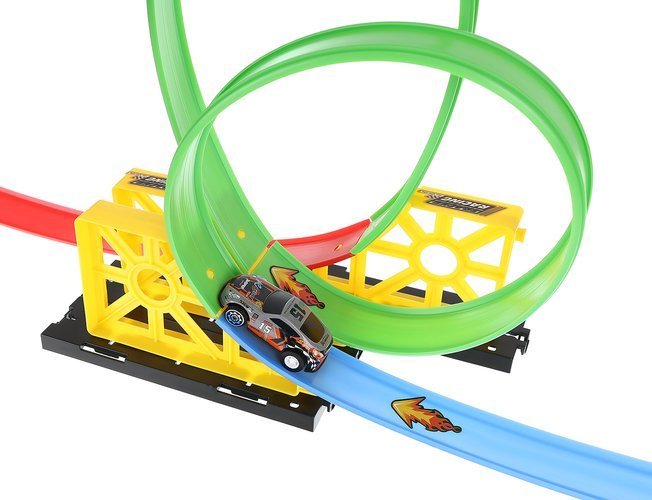 Circuit cu lansator si masinuta de jucarie, pista cu x 2 bucle si 2 masini, lungime pista 165 cm