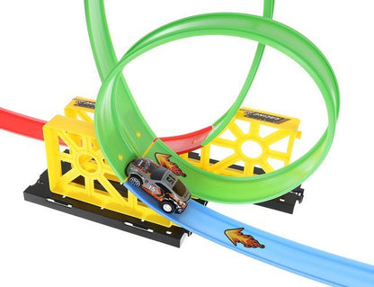 Circuit cu lansator si masinuta de jucarie, pista cu x 2 bucle si 2 masini, lungime pista 165 cm