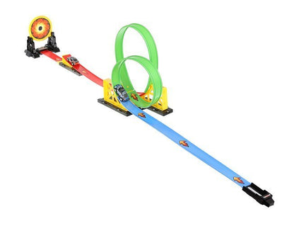 Circuit cu lansator si masinuta de jucarie, pista cu x 2 bucle si 2 masini, lungime pista 165 cm
