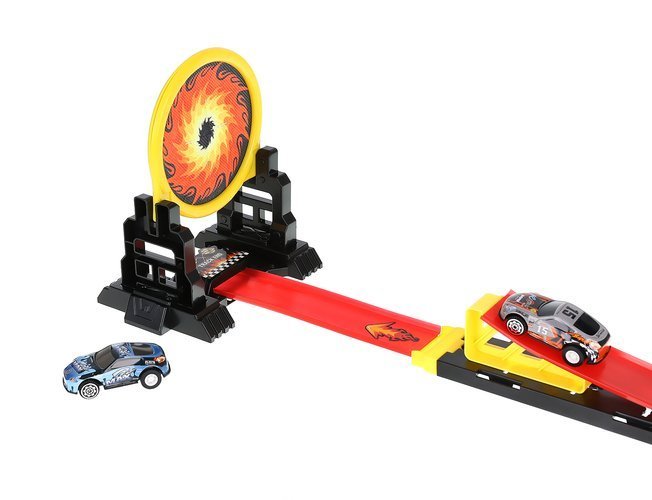 Circuit cu lansator si masinuta de jucarie, pista cu x 2 bucle si 2 masini, lungime pista 165 cm