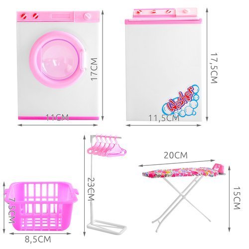 Set complet pentru papusi 'ISP Laundry Clean', cu Masina de Spalat Rufe, Uscator de Haine, Suport Umerase, Masa de Calcat, Fier de Calcat, Cos de Rufe