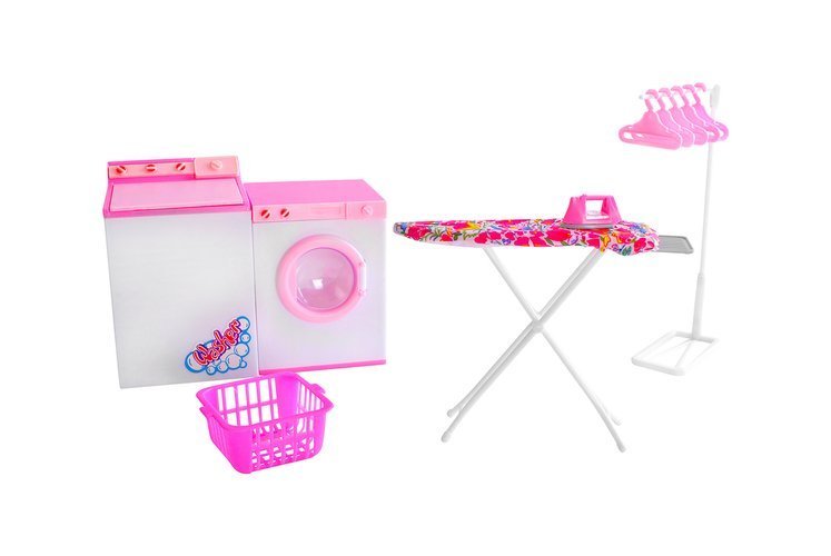Set complet pentru papusi 'ISP Laundry Clean', cu Masina de Spalat Rufe, Uscator de Haine, Suport Umerase, Masa de Calcat, Fier de Calcat, Cos de Rufe
