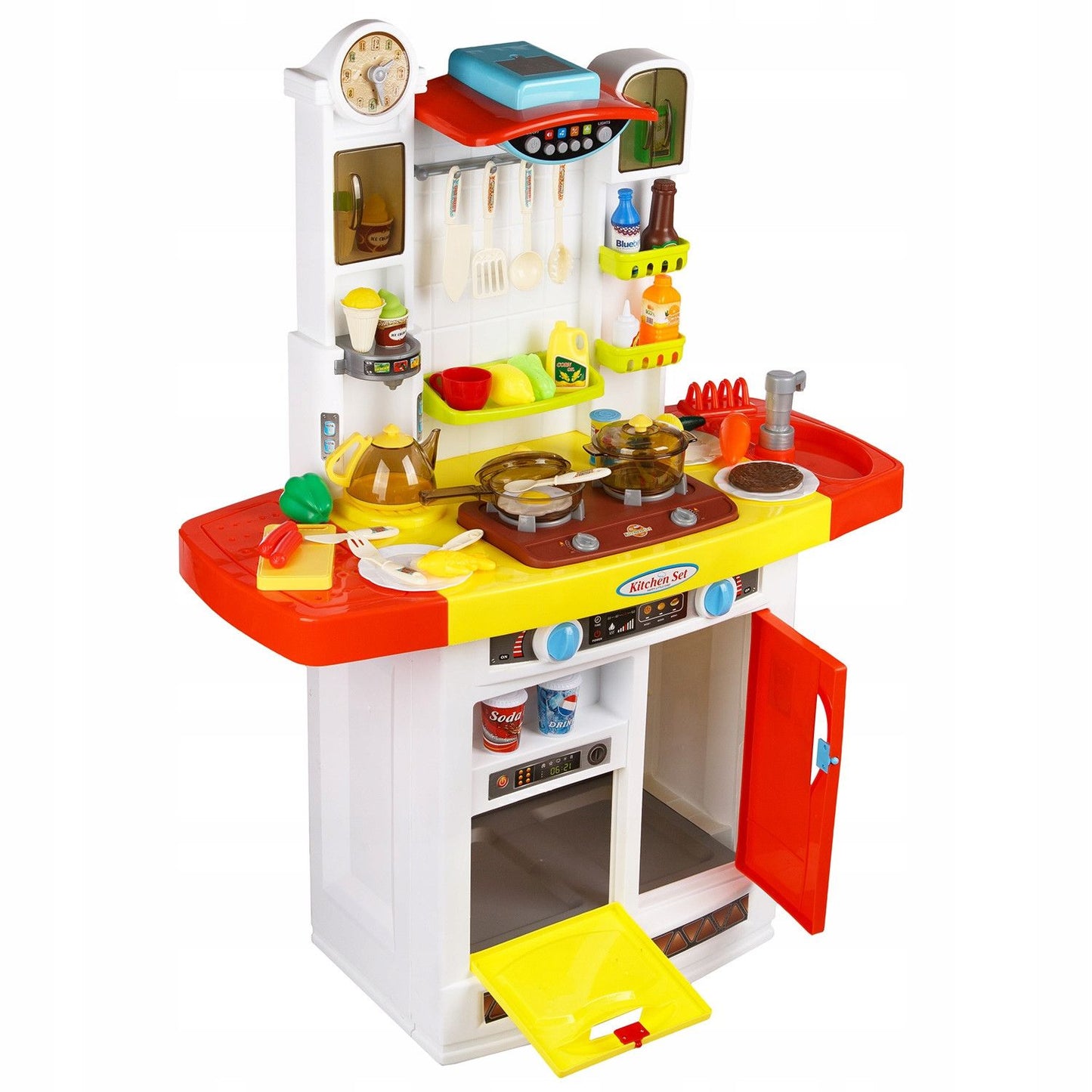 Bucatarie MULTIFUNCTIONALA IDL Candy Pink, 95 CM Inaltime, Efecte luminoase si sonore, Dotata cu accesorii simbolice: aragaz, frigider, cuptor, vesela, produse alimentare, Maro