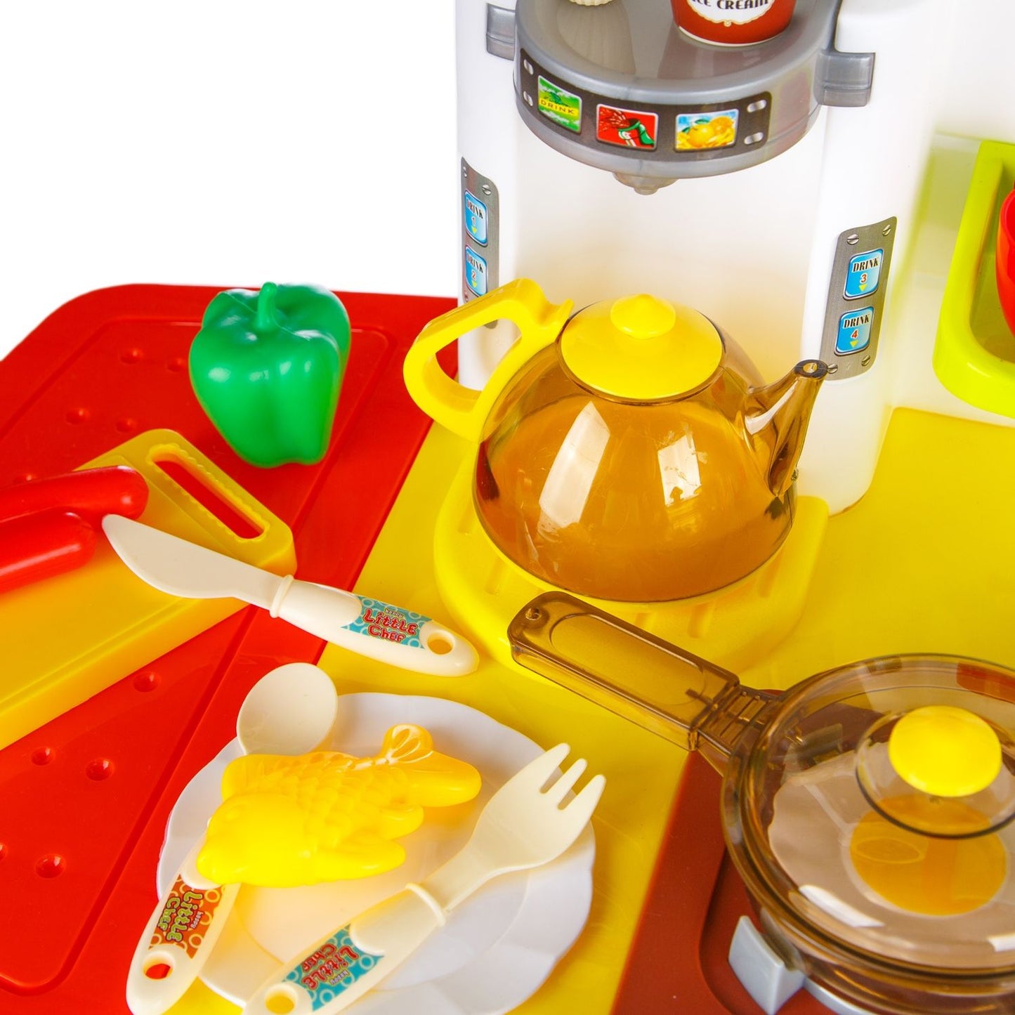 Bucatarie MULTIFUNCTIONALA IDL Candy Pink, 95 CM Inaltime, Efecte luminoase si sonore, Dotata cu accesorii simbolice: aragaz, frigider, cuptor, vesela, produse alimentare, Maro