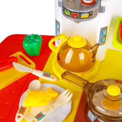 Bucatarie MULTIFUNCTIONALA IDL Candy Pink, 95 CM Inaltime, Efecte luminoase si sonore, Dotata cu accesorii simbolice: aragaz, frigider, cuptor, vesela, produse alimentare, Maro