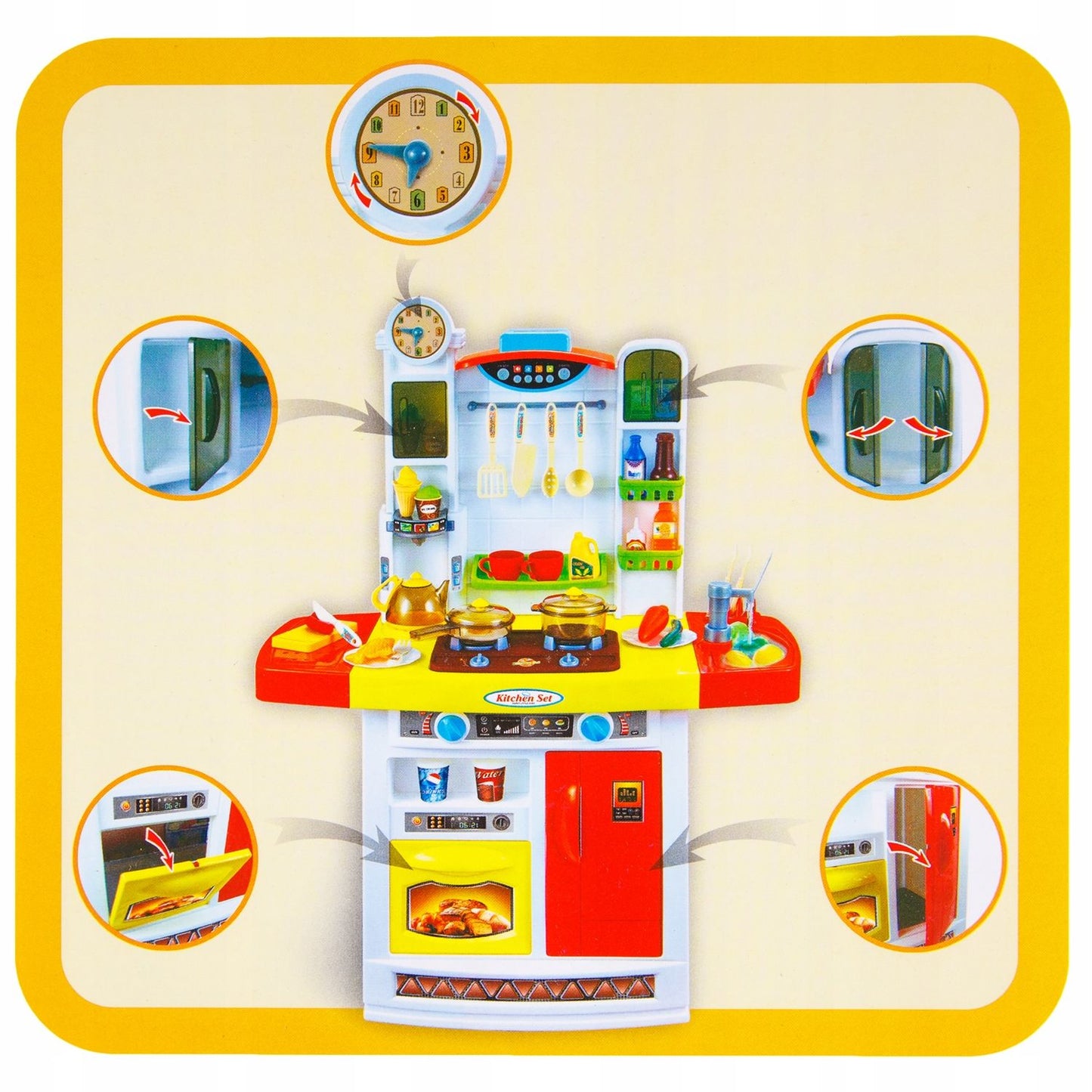 Bucatarie MULTIFUNCTIONALA IDL Candy Pink, 95 CM Inaltime, Efecte luminoase si sonore, Dotata cu accesorii simbolice: aragaz, frigider, cuptor, vesela, produse alimentare, Maro