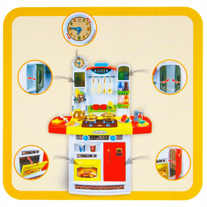 Bucatarie MULTIFUNCTIONALA IDL Candy Pink, 95 CM Inaltime, Efecte luminoase si sonore, Dotata cu accesorii simbolice: aragaz, frigider, cuptor, vesela, produse alimentare, Maro
