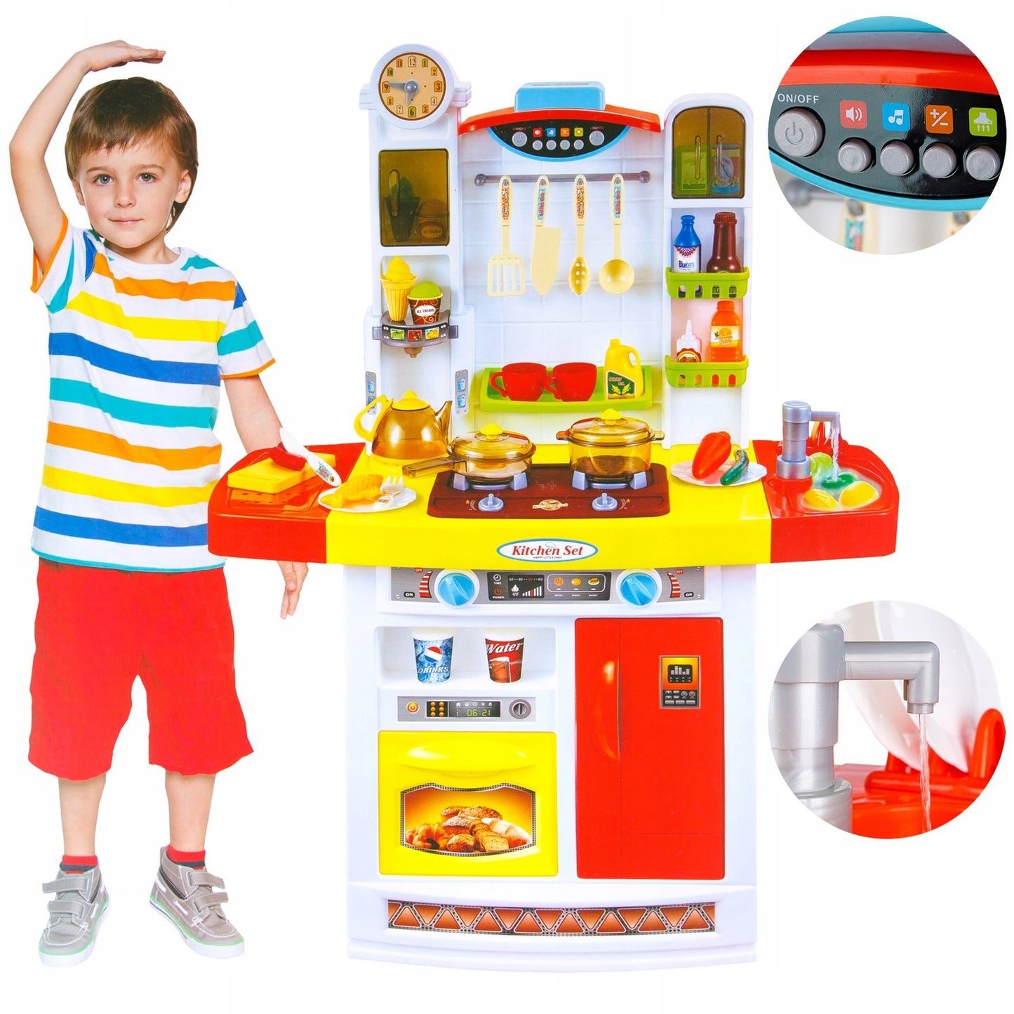 Bucatarie MULTIFUNCTIONALA IDL Candy Pink, 95 CM Inaltime, Efecte luminoase si sonore, Dotata cu accesorii simbolice: aragaz, frigider, cuptor, vesela, produse alimentare, Maro