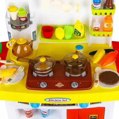 Bucatarie MULTIFUNCTIONALA IDL Candy Pink, 95 CM Inaltime, Efecte luminoase si sonore, Dotata cu accesorii simbolice: aragaz, frigider, cuptor, vesela, produse alimentare, Maro