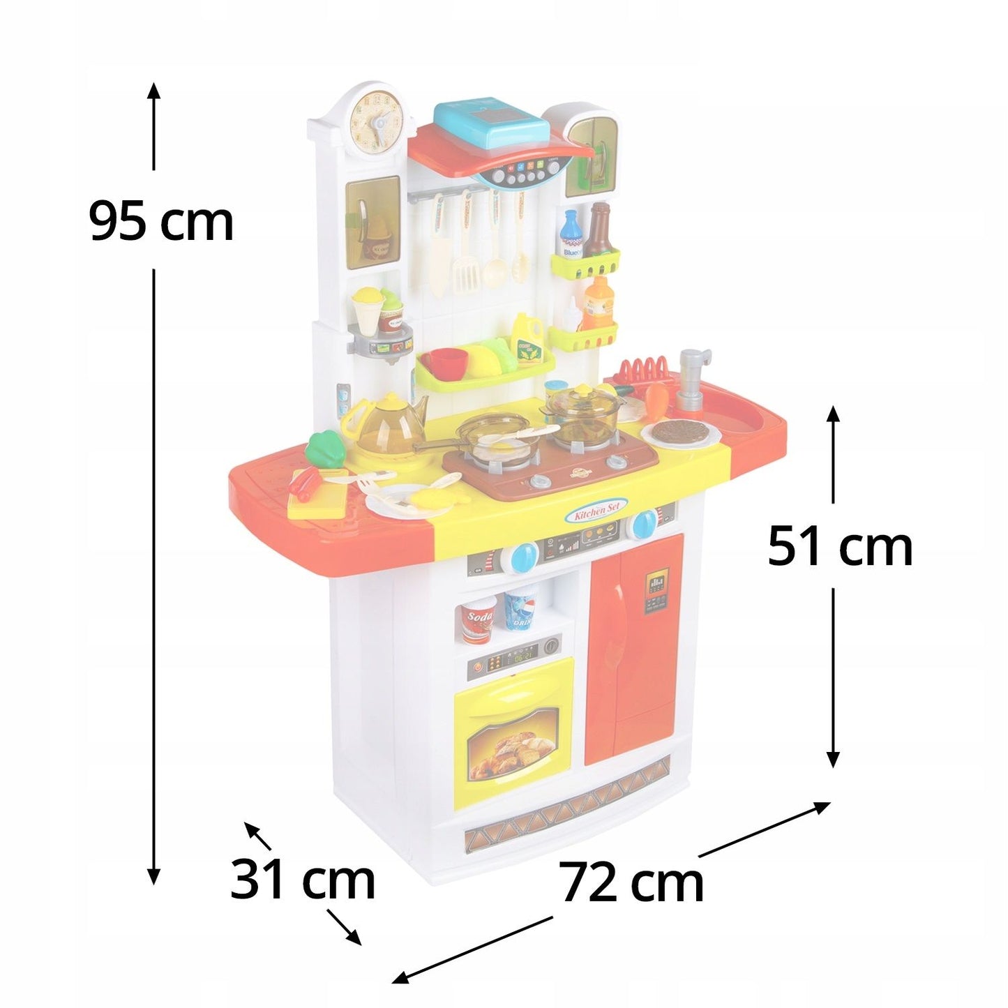 Bucatarie MULTIFUNCTIONALA IDL Candy Pink, 95 CM Inaltime, Efecte luminoase si sonore, Dotata cu accesorii simbolice: aragaz, frigider, cuptor, vesela, produse alimentare, Maro
