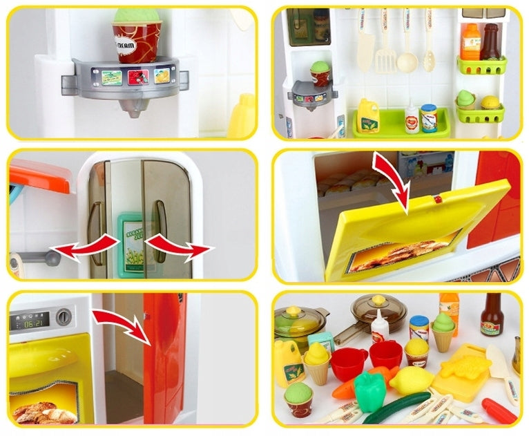 Bucatarie MULTIFUNCTIONALA IDL Candy Pink, 95 CM Inaltime, Efecte luminoase si sonore, Dotata cu accesorii simbolice: aragaz, frigider, cuptor, vesela, produse alimentare, Maro