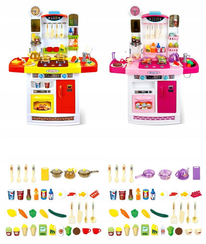 Bucatarie MULTIFUNCTIONALA IDL Candy Pink, 95 CM Inaltime, Efecte luminoase si sonore, Dotata cu accesorii simbolice: aragaz, frigider, cuptor, vesela, produse alimentare, Maro
