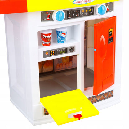 Bucatarie MULTIFUNCTIONALA IDL Candy Pink, 95 CM Inaltime, Efecte luminoase si sonore, Dotata cu accesorii simbolice: aragaz, frigider, cuptor, vesela, produse alimentare, Maro