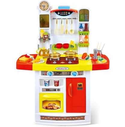 Bucatarie MULTIFUNCTIONALA IDL Candy Pink, 95 CM Inaltime, Efecte luminoase si sonore, Dotata cu accesorii simbolice: aragaz, frigider, cuptor, vesela, produse alimentare, Maro