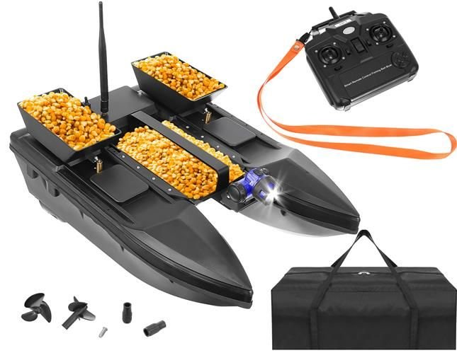 Barca idealSTORE de pescuit, Plantat momeala cu telecomanda, Dimensiuni 50 x 35 x 23 cm, Include 2 cuve, telecomanda, antena detasabila, Autonomie 500m, Baterie 5200mH/ 7,4V x2