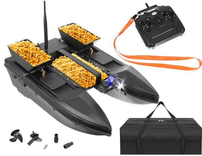 Barca idealSTORE de pescuit, Plantat momeala cu telecomanda, Dimensiuni 50 x 35 x 23 cm, Include 2 cuve, telecomanda, antena detasabila, Autonomie 500m, Baterie 5200mH/ 7,4V x2