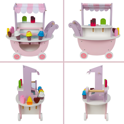 Carucior de Inghetata Sweet Cream ideal STORE, Mobil, Dimensiune 41 x 19 x 44 cm, Din Lemn de inalta calitate, Include 10 accesorii, Ajuta la dezvoltarea imaginatiei si creativitatii, Pink Edition