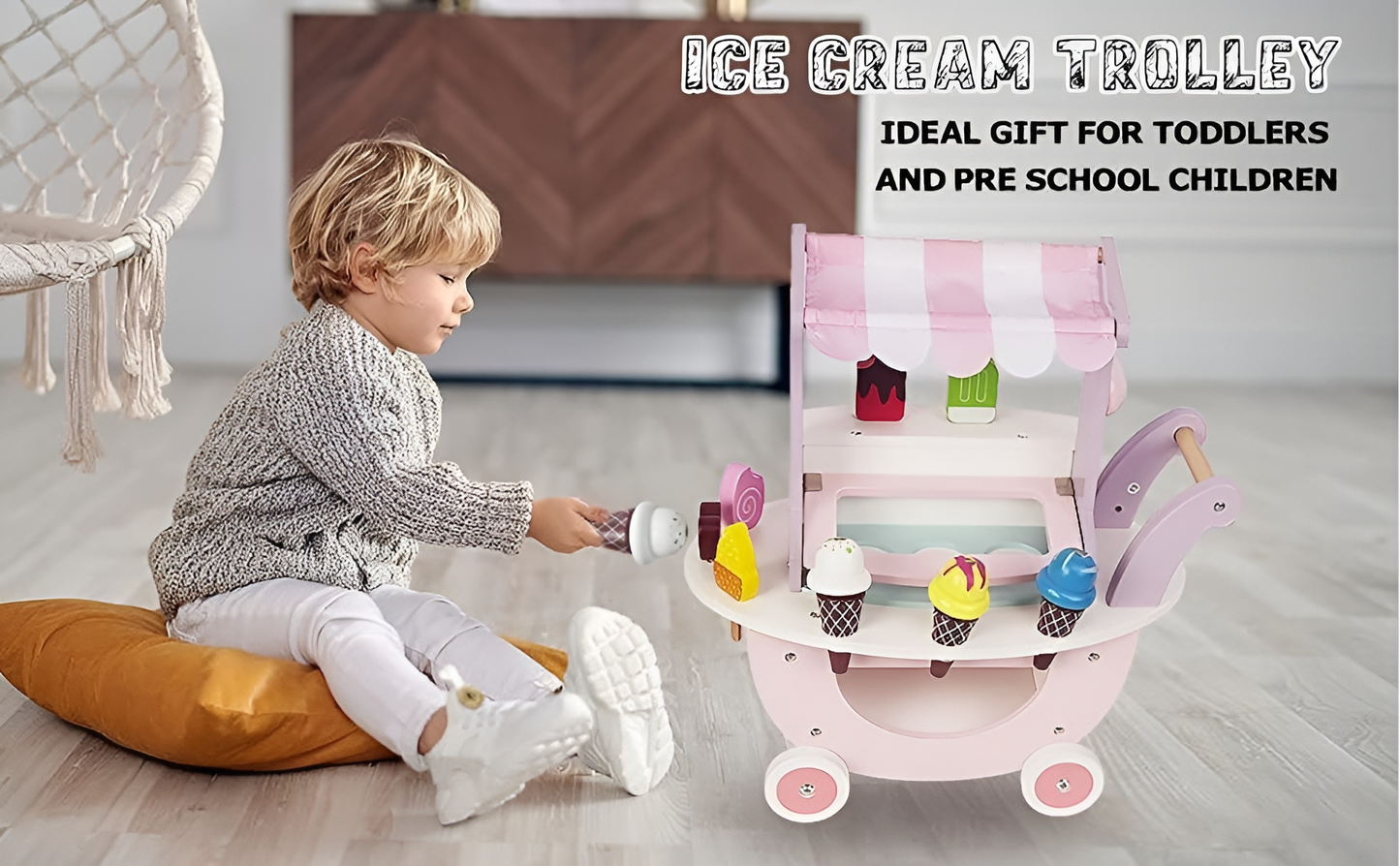 Carucior de Inghetata Sweet Cream ideal STORE, Mobil, Dimensiune 41 x 19 x 44 cm, Din Lemn de inalta calitate, Include 10 accesorii, Ajuta la dezvoltarea imaginatiei si creativitatii, Pink Edition