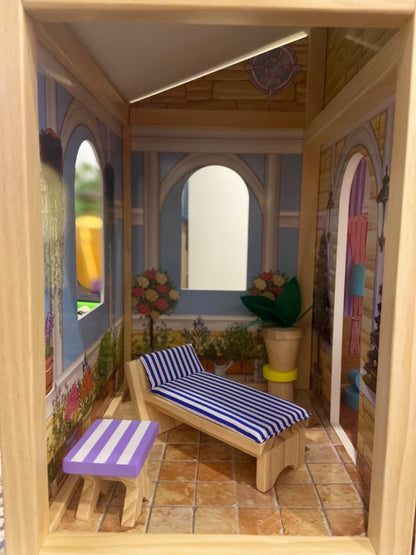 Casuta de Papusi din Lemn Luxury House idealSTORE, Dimensiuni 122 x 31 x 119 cm, Construita pe 4 Nivele, Formata din 8 Camere Spatioase, Include 28 de Accesorii Specifice locuintei, Lift Glisant Mobilier din Lemn, Structura Robusta