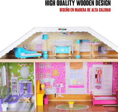 Casuta de Papusi din Lemn Luxury House idealSTORE, Dimensiuni 122 x 31 x 119 cm, Construita pe 4 Nivele, Formata din 8 Camere Spatioase, Include 28 de Accesorii Specifice locuintei, Lift Glisant Mobilier din Lemn, Structura Robusta