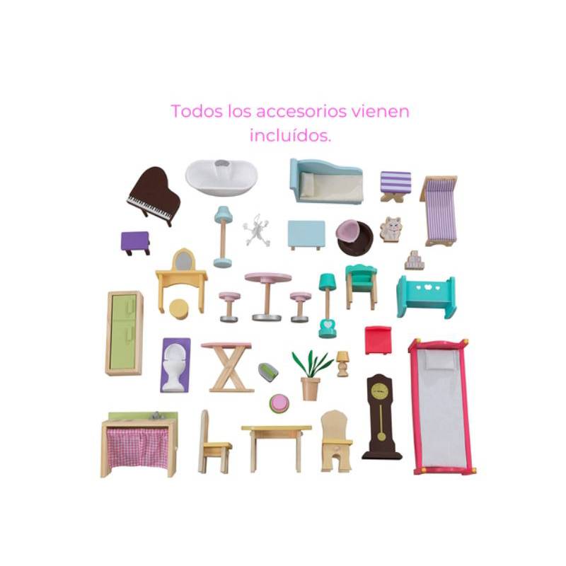 Casuta de Papusi din Lemn Luxury House idealSTORE, Dimensiuni 122 x 31 x 119 cm, Construita pe 4 Nivele, Formata din 8 Camere Spatioase, Include 28 de Accesorii Specifice locuintei, Lift Glisant Mobilier din Lemn, Structura Robusta