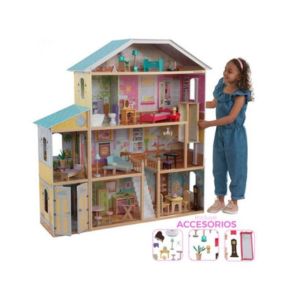 Casuta de Papusi din Lemn Luxury House idealSTORE, Dimensiuni 122 x 31 x 119 cm, Construita pe 4 Nivele, Formata din 8 Camere Spatioase, Include 28 de Accesorii Specifice locuintei, Lift Glisant Mobilier din Lemn, Structura Robusta