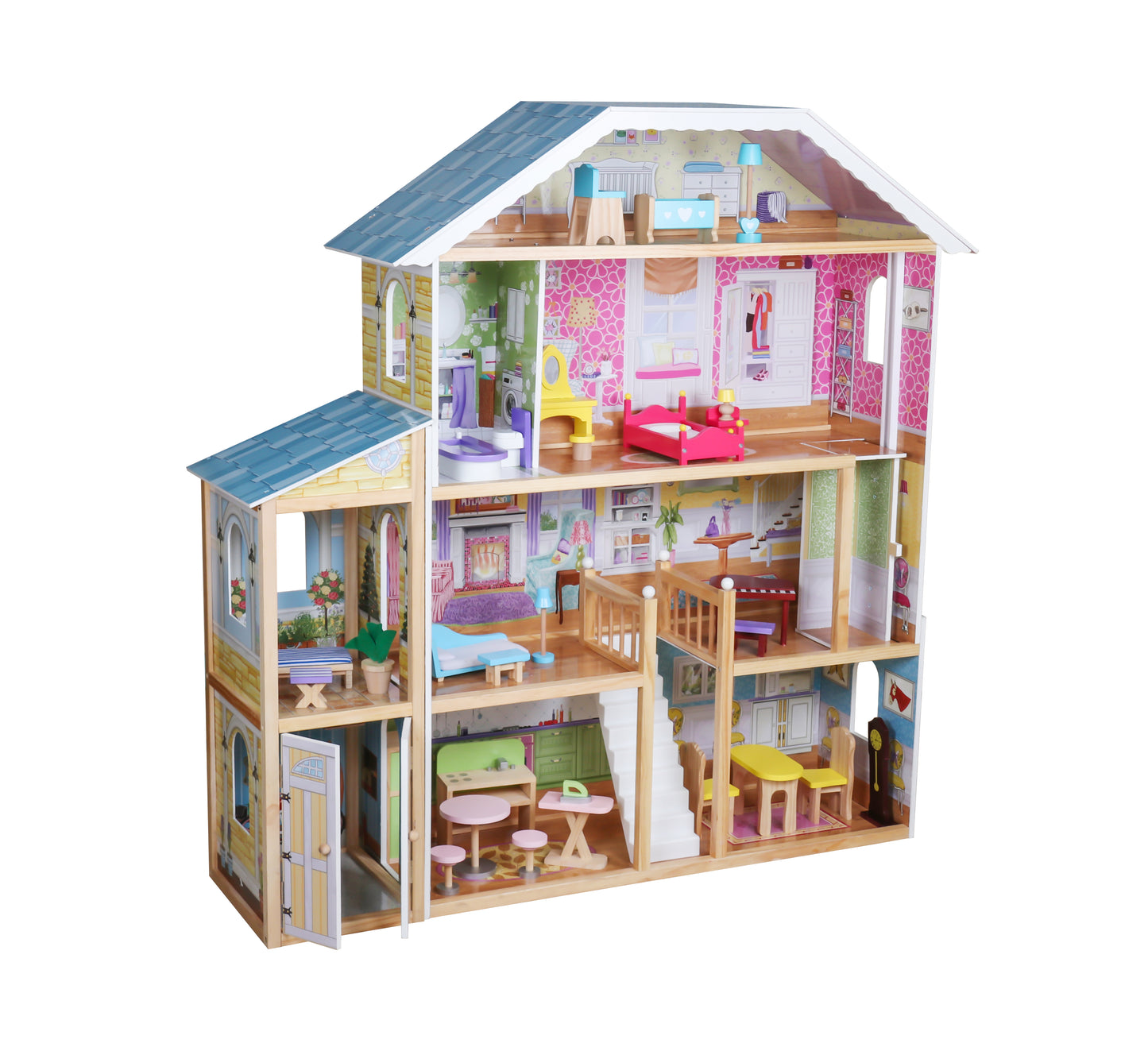 Casuta de Papusi din Lemn Luxury House idealSTORE, Dimensiuni 122 x 31 x 119 cm, Construita pe 4 Nivele, Formata din 8 Camere Spatioase, Include 28 de Accesorii Specifice locuintei, Lift Glisant Mobilier din Lemn, Structura Robusta