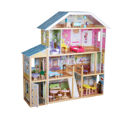 Casuta de Papusi din Lemn Luxury House idealSTORE, Dimensiuni 122 x 31 x 119 cm, Construita pe 4 Nivele, Formata din 8 Camere Spatioase, Include 28 de Accesorii Specifice locuintei, Lift Glisant Mobilier din Lemn, Structura Robusta