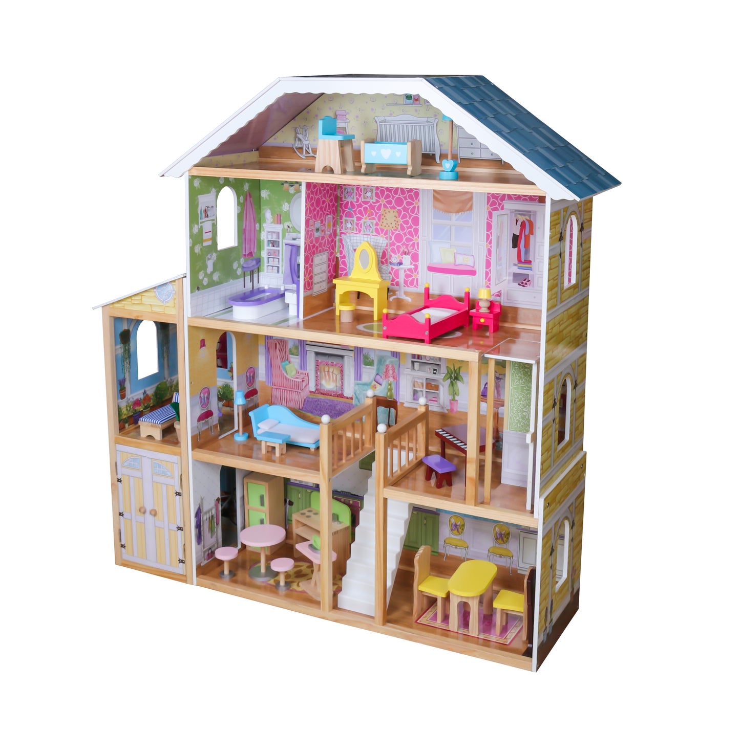 Casuta de Papusi din Lemn Luxury House idealSTORE, Dimensiuni 122 x 31 x 119 cm, Construita pe 4 Nivele, Formata din 8 Camere Spatioase, Include 28 de Accesorii Specifice locuintei, Lift Glisant Mobilier din Lemn, Structura Robusta