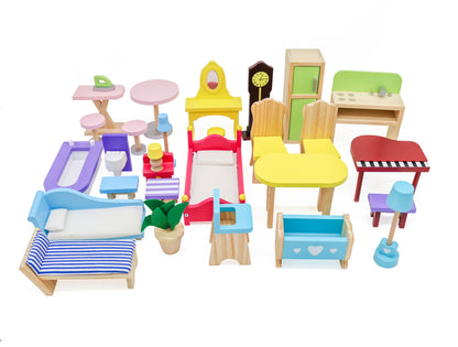 Casuta de Papusi din Lemn Luxury House idealSTORE, Dimensiuni 122 x 31 x 119 cm, Construita pe 4 Nivele, Formata din 8 Camere Spatioase, Include 28 de Accesorii Specifice locuintei, Lift Glisant Mobilier din Lemn, Structura Robusta