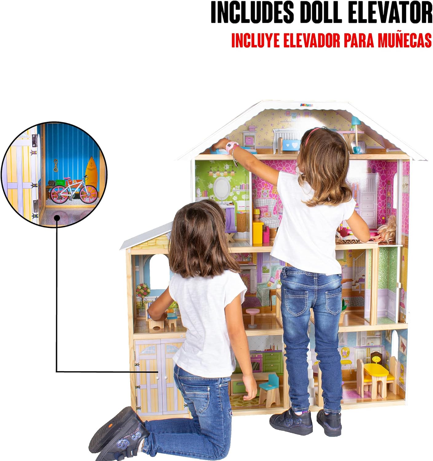 Casuta de Papusi din Lemn Luxury House idealSTORE, Dimensiuni 122 x 31 x 119 cm, Construita pe 4 Nivele, Formata din 8 Camere Spatioase, Include 28 de Accesorii Specifice locuintei, Lift Glisant Mobilier din Lemn, Structura Robusta