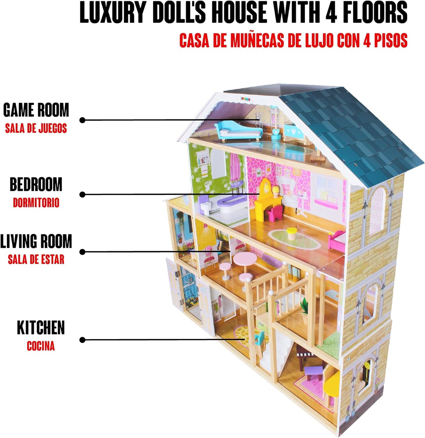 Casuta de Papusi din Lemn Luxury House idealSTORE, Dimensiuni 122 x 31 x 119 cm, Construita pe 4 Nivele, Formata din 8 Camere Spatioase, Include 28 de Accesorii Specifice locuintei, Lift Glisant Mobilier din Lemn, Structura Robusta