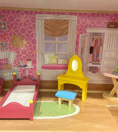 Casuta de Papusi din Lemn Luxury House idealSTORE, Dimensiuni 122 x 31 x 119 cm, Construita pe 4 Nivele, Formata din 8 Camere Spatioase, Include 28 de Accesorii Specifice locuintei, Lift Glisant Mobilier din Lemn, Structura Robusta