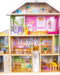 Casuta de Papusi din Lemn Luxury House idealSTORE, Dimensiuni 122 x 31 x 119 cm, Construita pe 4 Nivele, Formata din 8 Camere Spatioase, Include 28 de Accesorii Specifice locuintei, Lift Glisant Mobilier din Lemn, Structura Robusta