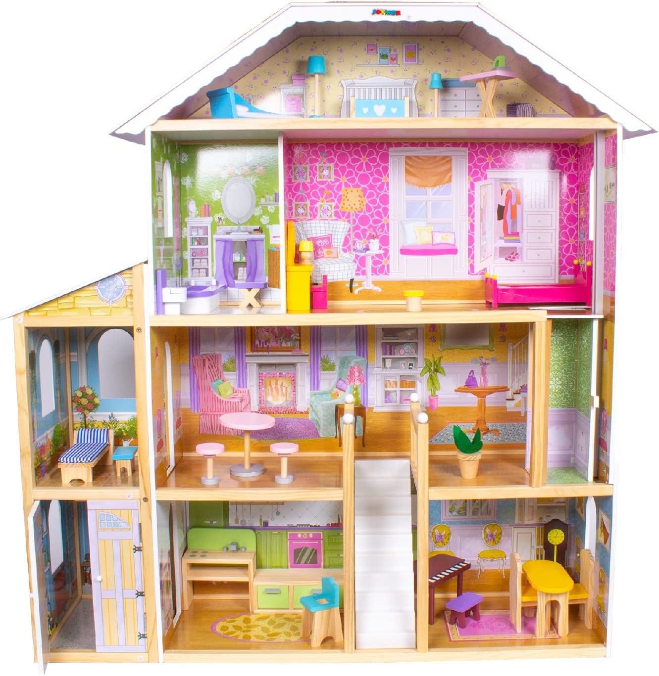 Casuta de Papusi din Lemn Luxury House idealSTORE, Dimensiuni 122 x 31 x 119 cm, Construita pe 4 Nivele, Formata din 8 Camere Spatioase, Include 28 de Accesorii Specifice locuintei, Lift Glisant Mobilier din Lemn, Structura Robusta