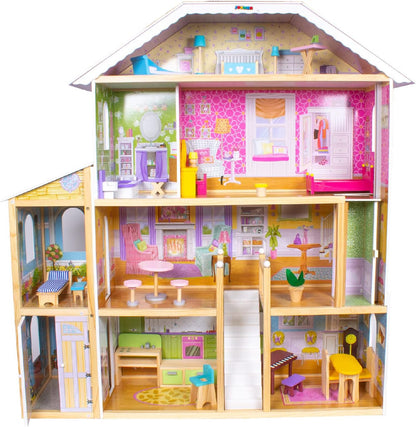 Casuta de Papusi din Lemn Luxury House idealSTORE, Dimensiuni 122 x 31 x 119 cm, Construita pe 4 Nivele, Formata din 8 Camere Spatioase, Include 28 de Accesorii Specifice locuintei, Lift Glisant Mobilier din Lemn, Structura Robusta