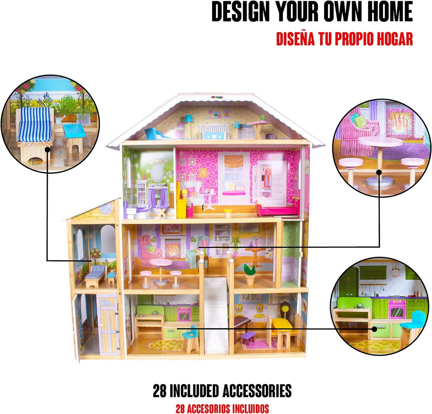 Casuta de Papusi din Lemn Luxury House idealSTORE, Dimensiuni 122 x 31 x 119 cm, Construita pe 4 Nivele, Formata din 8 Camere Spatioase, Include 28 de Accesorii Specifice locuintei, Lift Glisant Mobilier din Lemn, Structura Robusta