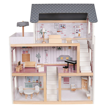 Casuta de Papusi din Lemn Queen's Palace idealSTORE, Dimensiuni 62 x 27 x 77 cm, Constructie din lemn MDF pe 3 Nivele, Dotata cu 3 Camere, Terasa si Scara Interioara, Include 17 accesorii din lemn, Pian, Scaune, Cada, Canapea, Incurajeaza Imaginatia