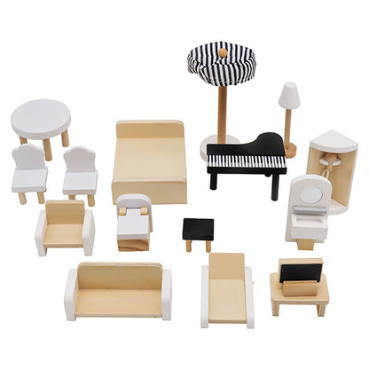 Casuta de Papusi din Lemn Queen's Palace idealSTORE, Dimensiuni 62 x 27 x 77 cm, Constructie din lemn MDF pe 3 Nivele, Dotata cu 3 Camere, Terasa si Scara Interioara, Include 17 accesorii din lemn, Pian, Scaune, Cada, Canapea, Incurajeaza Imaginatia