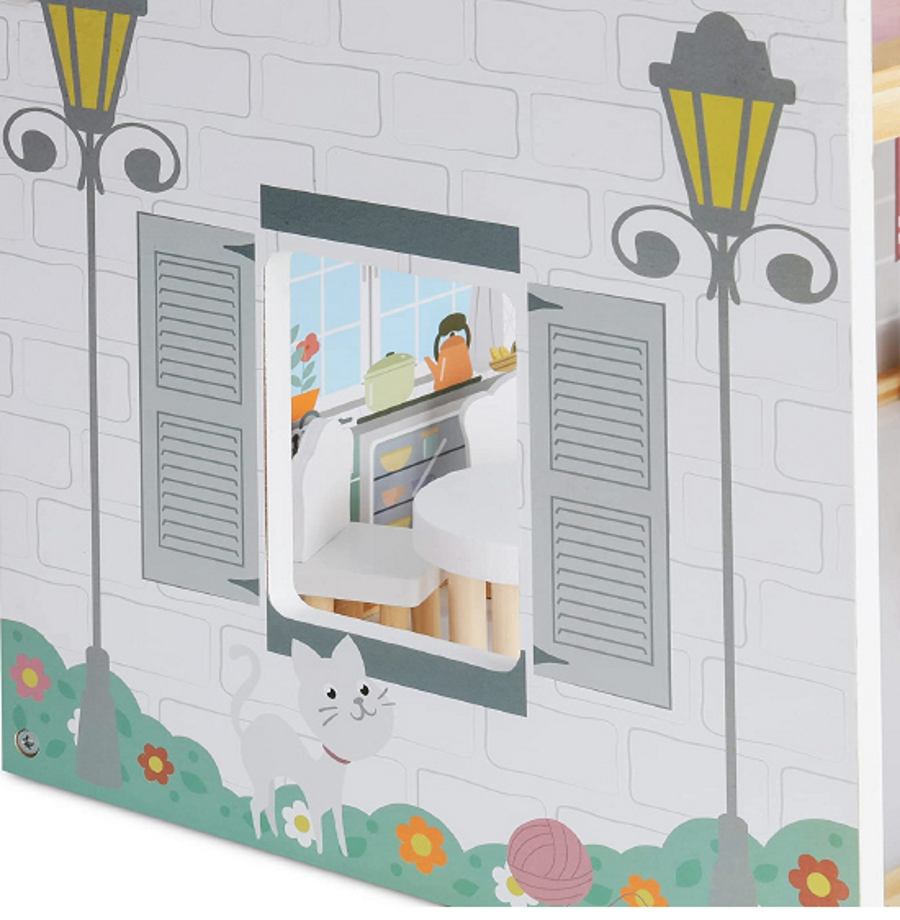 Casuta de Papusi din Lemn Queen's Palace idealSTORE, Dimensiuni 62 x 27 x 77 cm, Constructie din lemn MDF pe 3 Nivele, Dotata cu 3 Camere, Terasa si Scara Interioara, Include 17 accesorii din lemn, Pian, Scaune, Cada, Canapea, Incurajeaza Imaginatia