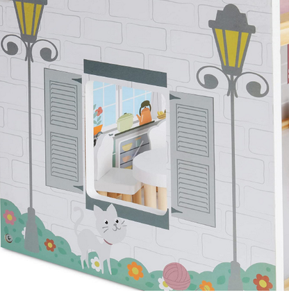 Casuta de Papusi din Lemn Queen's Palace idealSTORE, Dimensiuni 62 x 27 x 77 cm, Constructie din lemn MDF pe 3 Nivele, Dotata cu 3 Camere, Terasa si Scara Interioara, Include 17 accesorii din lemn, Pian, Scaune, Cada, Canapea, Incurajeaza Imaginatia