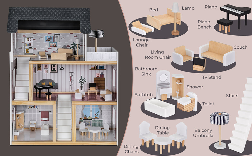 Casuta de Papusi din Lemn Queen's Palace idealSTORE, Dimensiuni 62 x 27 x 77 cm, Constructie din lemn MDF pe 3 Nivele, Dotata cu 3 Camere, Terasa si Scara Interioara, Include 17 accesorii din lemn, Pian, Scaune, Cada, Canapea, Incurajeaza Imaginatia