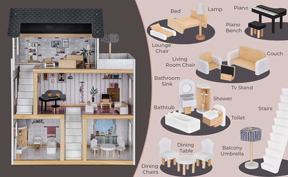 Casuta de Papusi din Lemn Queen's Palace idealSTORE, Dimensiuni 62 x 27 x 77 cm, Constructie din lemn MDF pe 3 Nivele, Dotata cu 3 Camere, Terasa si Scara Interioara, Include 17 accesorii din lemn, Pian, Scaune, Cada, Canapea, Incurajeaza Imaginatia